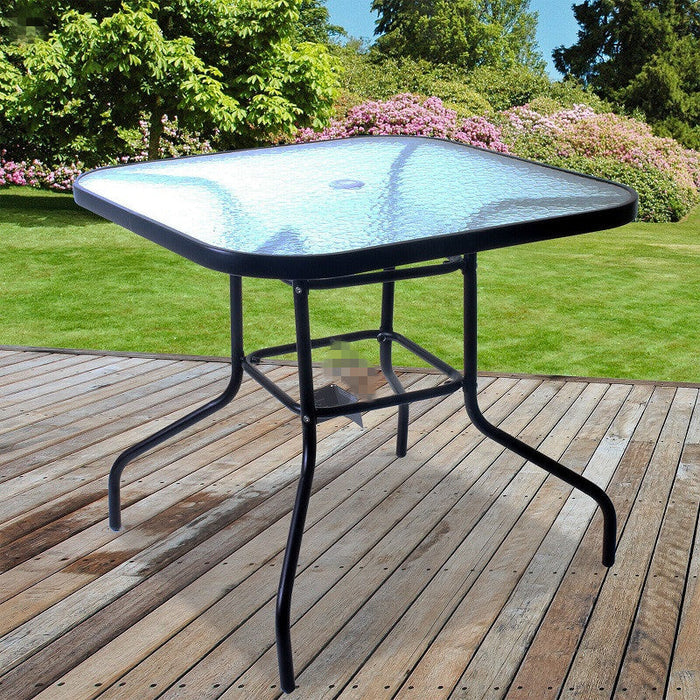 Black 80cm tempered glass square garden table by dealonlinenz, featuring a sleek and durable outdoor design.