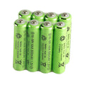 Eight AAA rechargeable Ni-MH batteries with 1.2V and 600mAh capacity, shown in a set with positive and negative terminals visible.