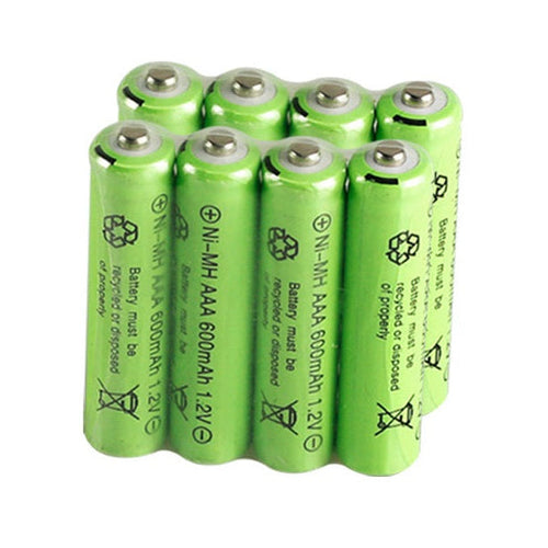 Eight AAA rechargeable Ni-MH batteries with 1.2V and 600mAh capacity, shown in a set with positive and negative terminals visible.