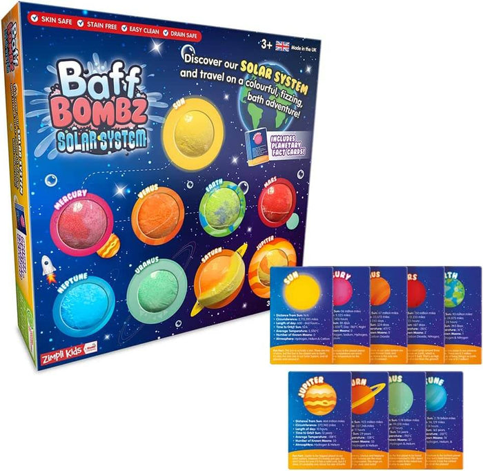 Space-themed box displaying nine colorful, round bath bombs and fact cards representing the sun and eight planets.