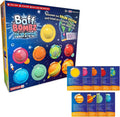Space-themed box displaying nine colorful, round bath bombs and fact cards representing the sun and eight planets.