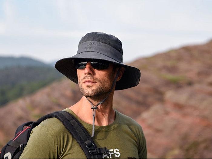 Grey wide brim sun hat by dealonline.co.nz, outdoor fishing and hiking bucket cap with UV protection.