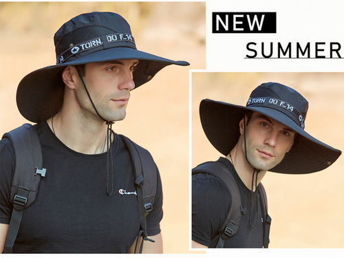 Black wide-brim bucket sun hat by dealonline.co.nz with UV protection, ideal for outdoor fishing and hiking activities.