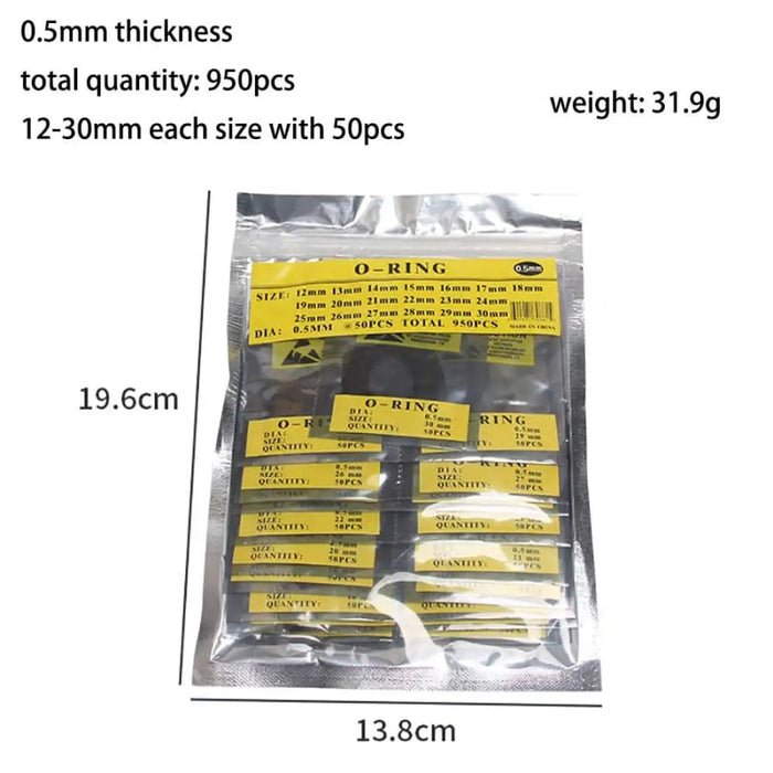 Set of 950 watch O-rings for waterproof watches, ranging from 0.5mm to 30mm, used with watch tools for sealing and repairs.