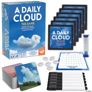 Blue box featuring a cat-shaped cloud, plus dry-erase markers, cloud tokens, a timer, and cloud photo cards.