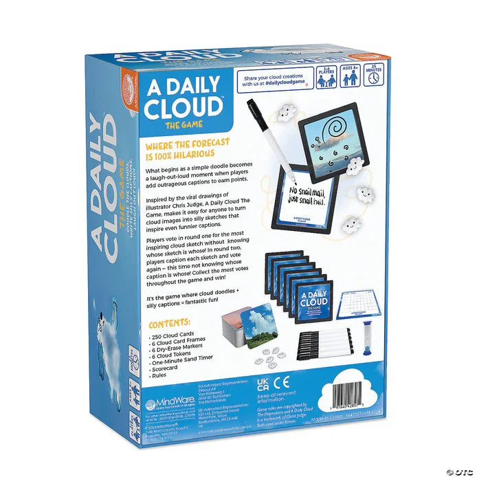 Back of blue game box featuring instructions and photos of components: dry-erase markers, cloud cards, and a sand timer.