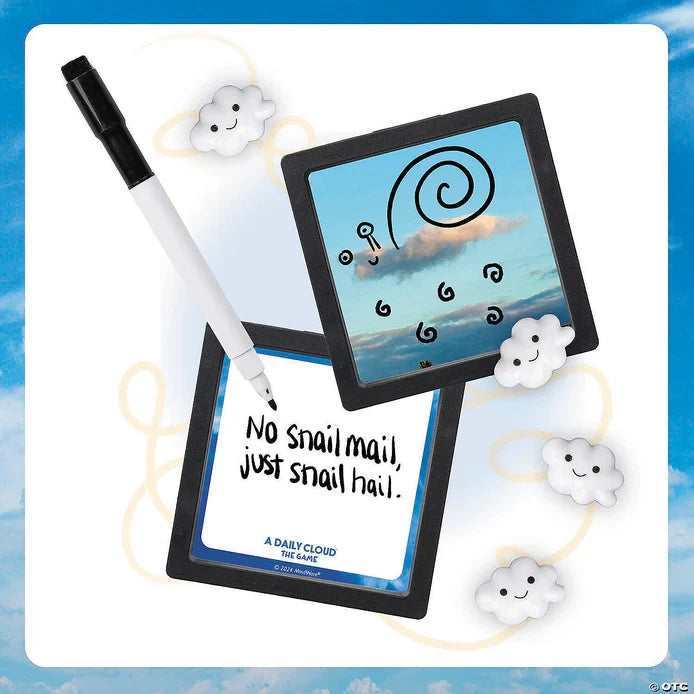 Two black square frames, a dry-erase marker, and cloud magnets showing a hand-drawn snail on a cloud and a punny caption.