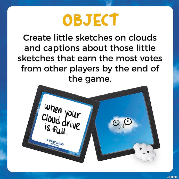 Instructional card for A Daily Cloud game with yellow text, a caption card, and a cloud photo with a hand-drawn face.