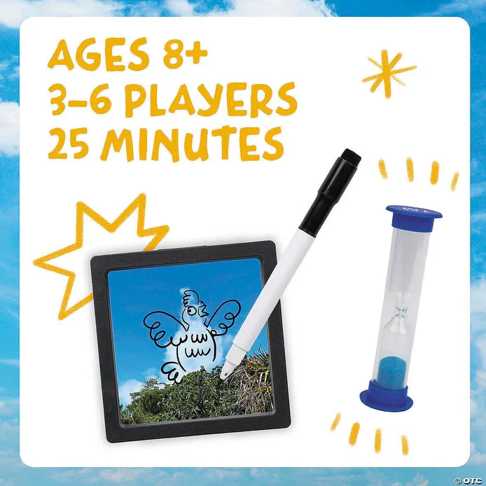 Game set with cloud photo board, bird drawing, white marker, and blue timer. Yellow text lists age and player info.