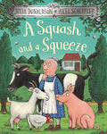 Illustrated children's book cover with an old woman, cow, goat, pig, and hen in a green field with a cottage.