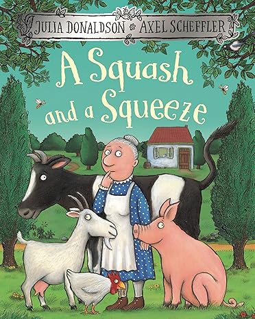 Illustrated children's book cover with an old woman, cow, goat, pig, and hen in a green field with a cottage.