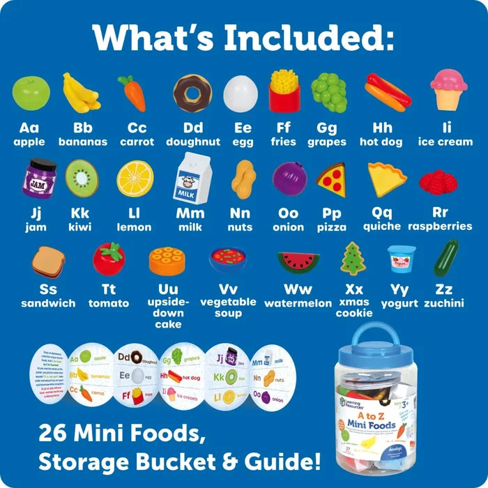 Alphabetical grid of colorful toy foods from apple to zucchini beside their storage bucket and guide on a blue background.