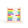 Wooden abacus with ten rows of red, yellow, green, blue, and purple beads on a natural light-wood frame.