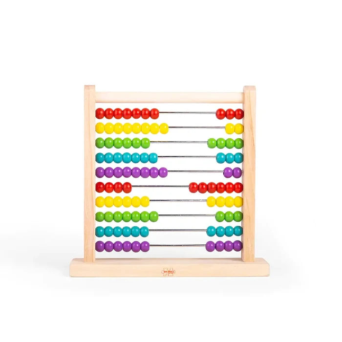 Wooden abacus with ten rows of red, yellow, green, blue, and purple beads on a natural light-wood frame.