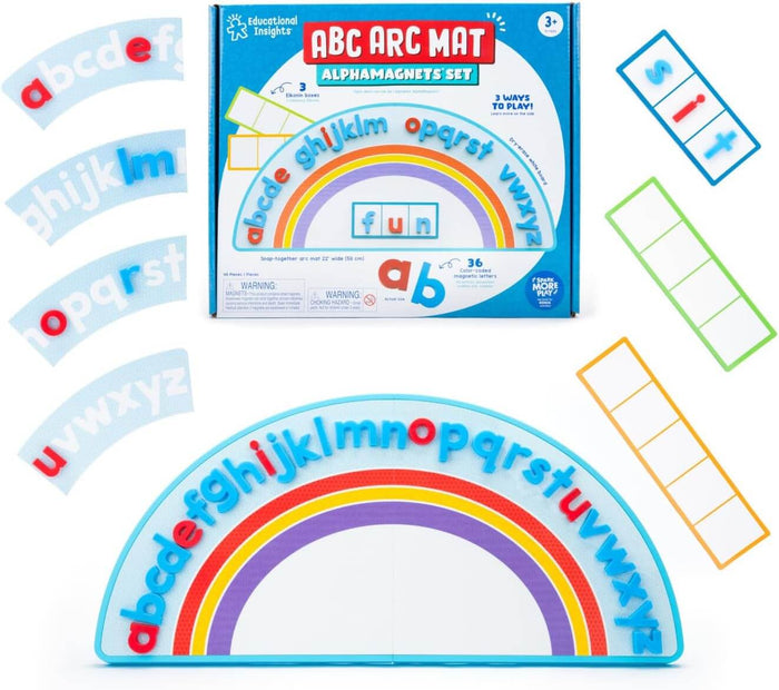 Rainbow alphabet mat set with blue arc board, red and blue magnet letters, and colorful spelling grids.