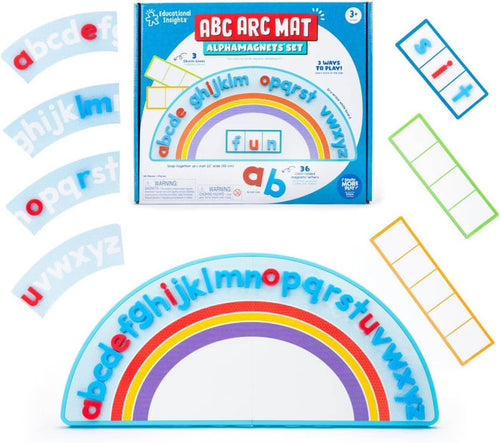 Rainbow alphabet mat set with blue arc board, red and blue magnet letters, and colorful spelling grids.