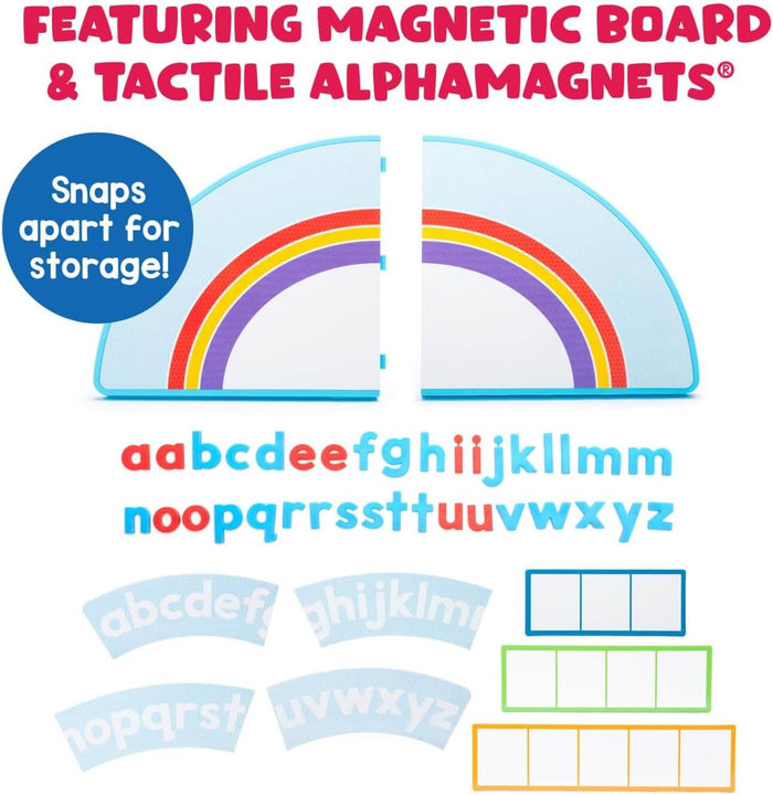 Rainbow magnetic board snaps apart for storage, featuring tactile alphabet magnets and word-building templates.