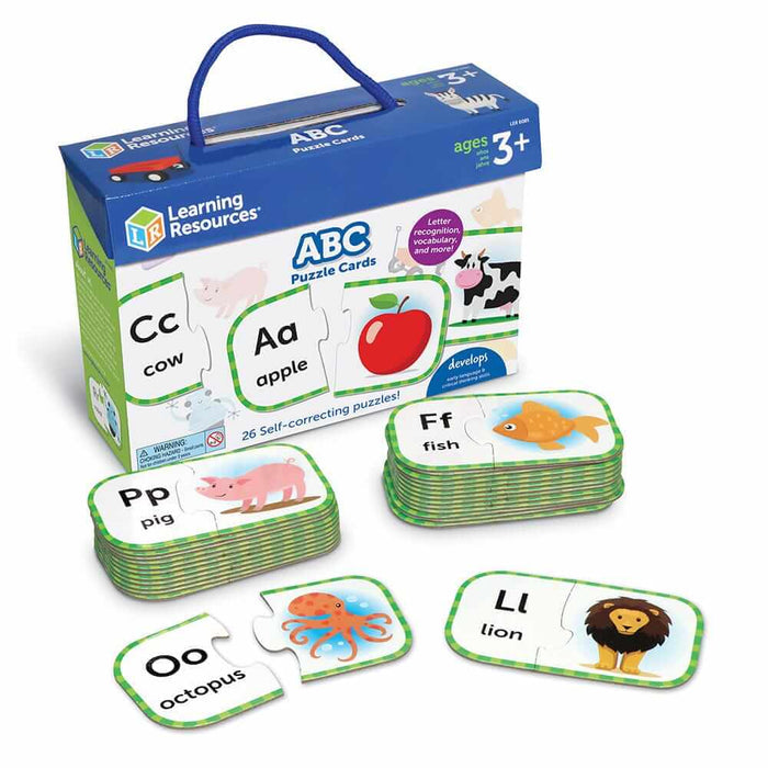 Blue carry case for ABC puzzles with colorful animal cards like a pink pig, orange fish, and brown lion.