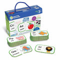 Blue carry case for ABC puzzles with colorful animal cards like a pink pig, orange fish, and brown lion.