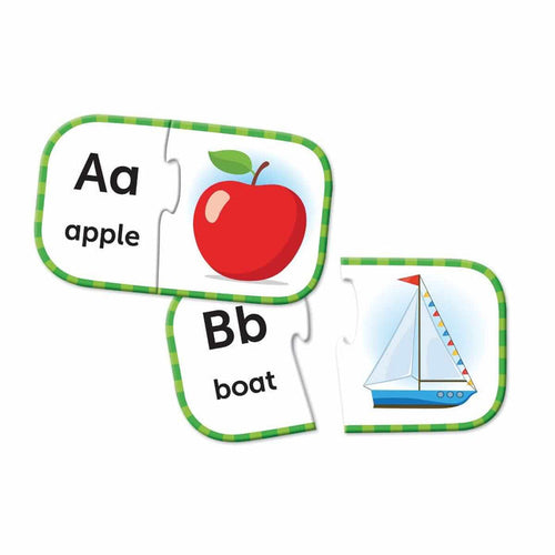 Matching alphabet puzzle cards for Aa apple and Bb boat with a red apple, sailboat, and green checkered borders.