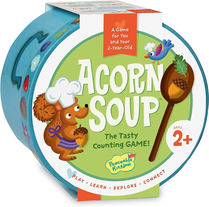 Round teal game box featuring a cartoon squirrel chef, a blue bird, and a wooden spoon holding an acorn.