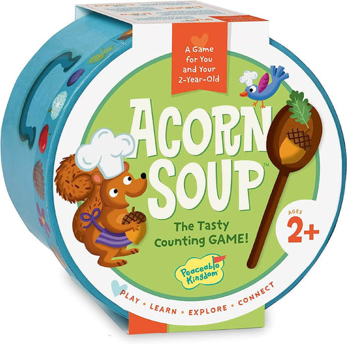 Round teal game box featuring a cartoon squirrel chef, a blue bird, and a wooden spoon holding an acorn.