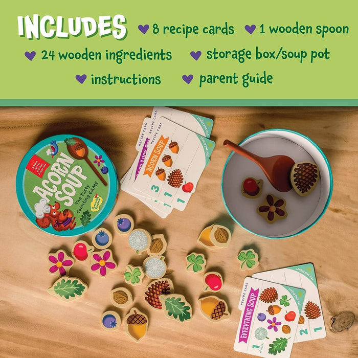 Counting game with a blue pot, wooden spoon, recipe cards, and colorful wooden food pieces like acorns and flowers.