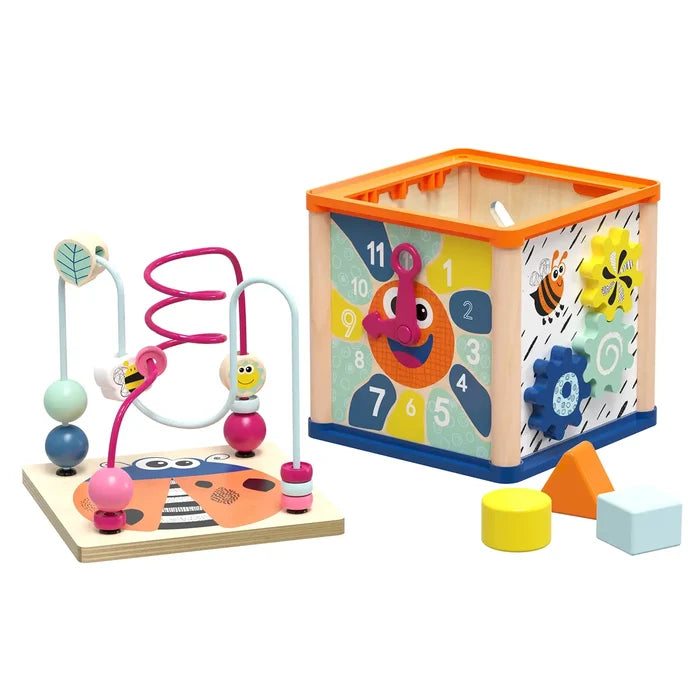 Colorful wooden activity cube with a clock, spinning gears, a ladybug bead maze, and three geometric blocks.