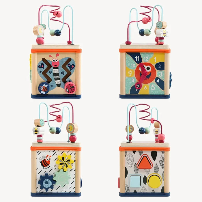 Wooden activity cube showing bead maze top, butterfly path, clock face, spinning gears, and shape sorter sides.