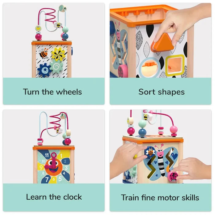 Wooden activity cube showing gear wheels, a shape sorter, a sun clock face, and sliding insect and bead mazes.