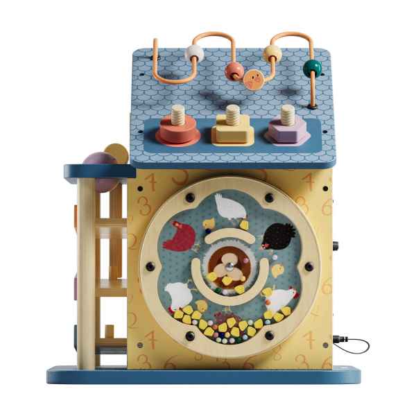 Wooden activity house with a blue bead maze roof, screw shapes, and a rotating chicken scene on a yellow front.