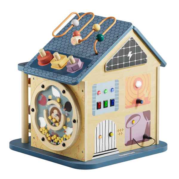 Wooden toy house with blue roof, bead maze, switches, and a rotating drum with farm animal graphics and beads.