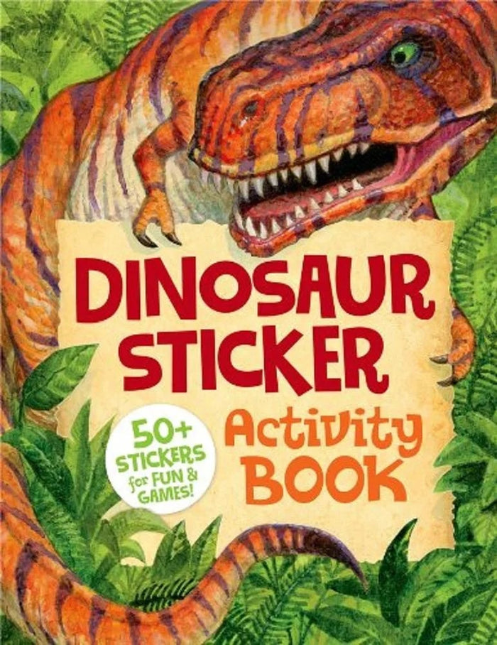 Illustrated cover of a dinosaur sticker book featuring an orange T-Rex and lush green jungle foliage.