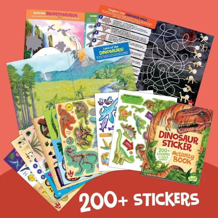 Dinosaur activity book with 200+ stickers, sticker sheets, a maze page, scenery, and a T-Rex on the cover.