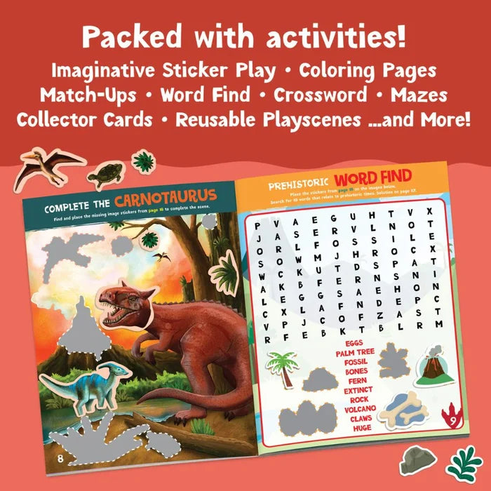 Dinosaur activity book pages showing a Carnotaurus sticker scene and word search on a red promotional background.