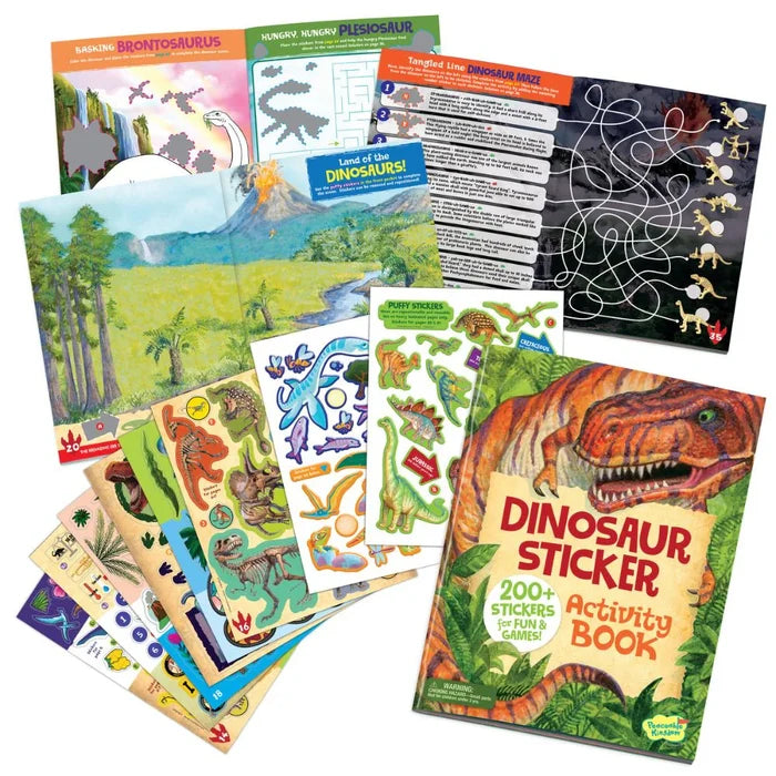 Dinosaur activity book set with T-Rex cover, multiple colorful sticker sheets, and illustrated puzzle pages.