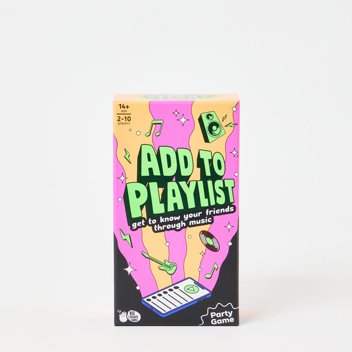 Vibrant pink and orange box for Add To Playlist with green block letters and icons of a guitar, speaker, and smartphone.