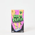 Vibrant pink and orange box for Add To Playlist with green block letters and icons of a guitar, speaker, and smartphone.