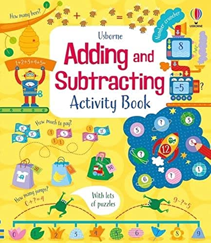 Bright yellow children's book cover with colorful cartoon illustrations of bees, a robot, and various math puzzles.