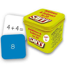 Yellow square tin with Savvy logo next to white and blue flashcards showing the math equation 4+4=8.