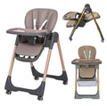 Baby Way NZ Elevate adjustable folding high chair in brown with locking wheels and storage basket, designed for safe feeding.