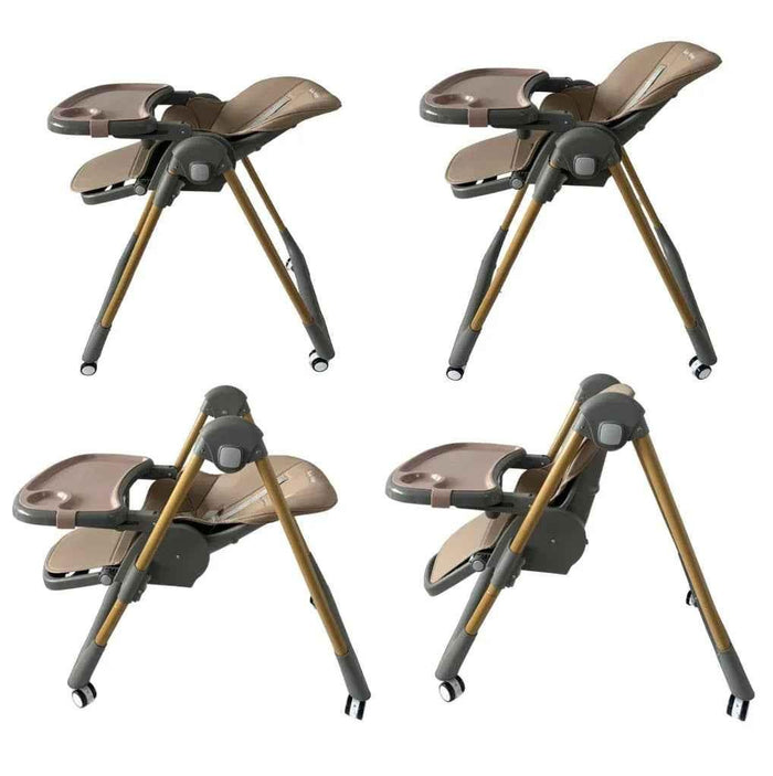 Baby Way NZ Elevate adjustable folding high chair in brown with locking wheels and storage basket, suitable for feeding and seating.