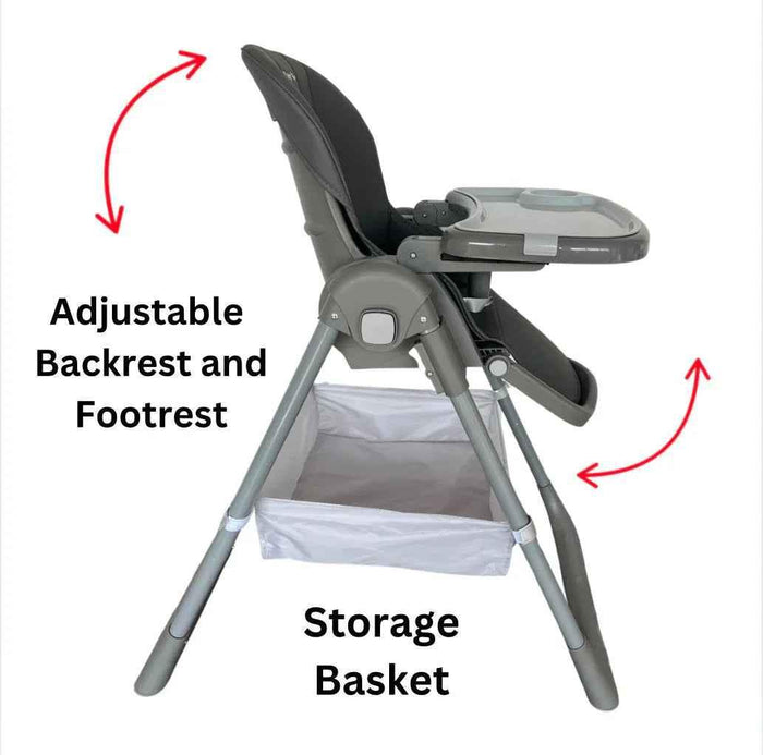 Baby Way NZ Elevate adjustable folding high chair in grey with locking wheels and storage basket, designed for convenient baby feeding.