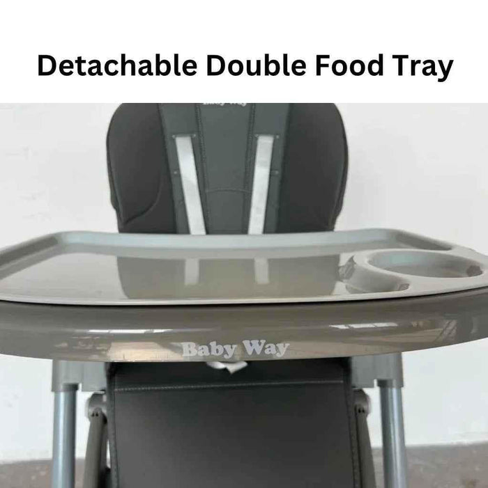 Baby Way NZ Elevate adjustable folding high chair in grey with locking wheels and storage basket, designed for easy meal times.