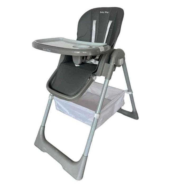 Baby Way NZ Elevate adjustable and folding high chair in grey with locking wheels and a storage basket, designed for convenient feeding.