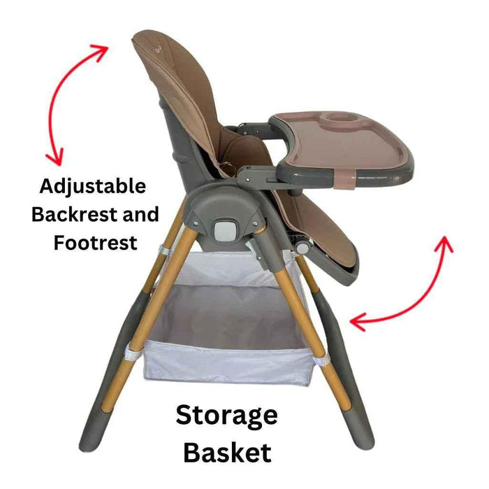 Baby Way NZ Elevate adjustable folding high chair in brown with locking wheels and a storage basket, suitable for feeding and seating.