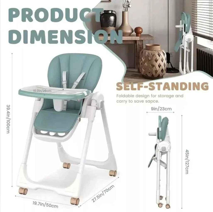 Grey Baby Way NZ Elevate adjustable and folding high chair with locking wheels and storage basket, suitable for feeding and seating.