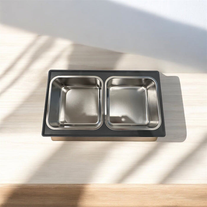 Adjustable Dog Bowl by DogTreatNZ with a stainless steel bowl and adjustable height stand on a wooden surface.