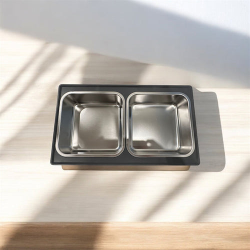 Adjustable Dog Bowl by DogTreatNZ with a stainless steel bowl and adjustable height stand on a wooden surface.