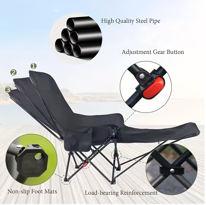 ECOTREK adjustable folding chair with footrest, featuring three recline positions and a sturdy, portable design.